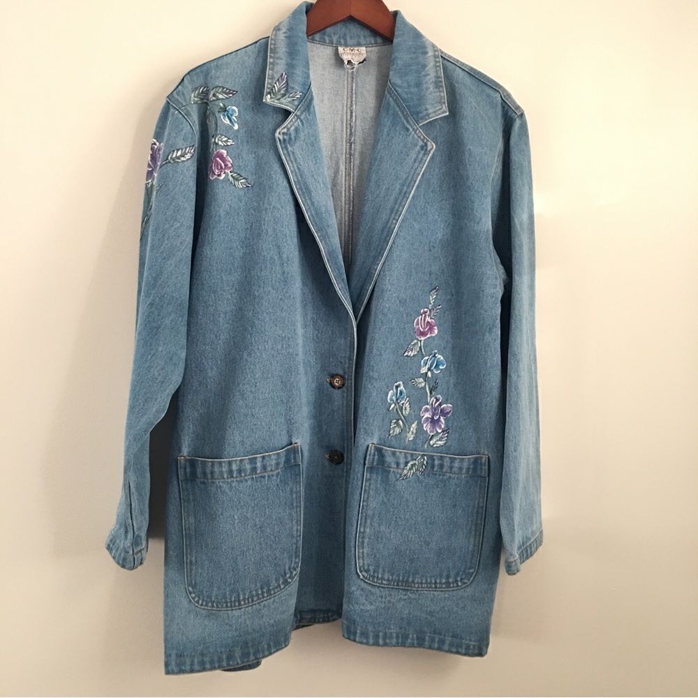 VINTAGE CMC Oversized Denim Blazer with Floral Designs | Size Large - Picture 2 of 8